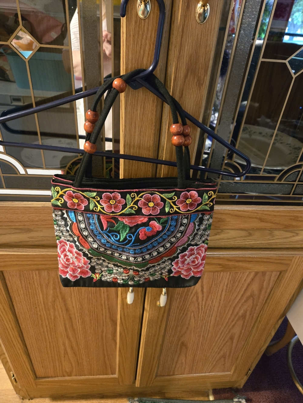 Embroidered Floral Tote Bag - Black with Multicolor Floral Accents